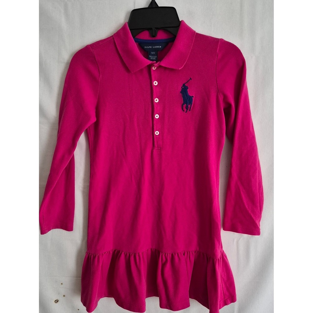 Ralph Lauren Girls Pink Big Pony Long Sleeve Ruffle Polo Dress Size S 7